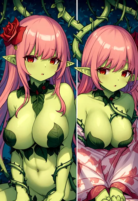 Two Girls、((Both have green skin))、((Both have long pink hair))、Araune、roseの花、Huge 、belly button、(Clothes made up of thick vines and leaves)、rose、Parted lips、Pointed Ears、(Red eyes),(首と髪にroseの花),(Full nudity),(Thick vines with thorns crawl all over the bod...