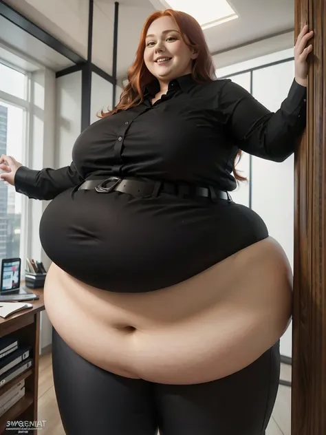 An happy and excited photo of a Beautiful ginger architect SSBBW, with long wavy light Brownish-ginger hair, with big soft fat belly, thicc fat arms, thicc wide legs, big breast, in black pants, long black shirt tucked in her pants, black belt and black bl...