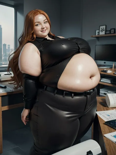 An happy and excited photo of a Beautiful ginger architect SSBBW, with long wavy light Brownish-ginger hair, with big soft fat belly, thicc fat arms, thicc wide legs, big breast, in black pants, long black shirt tucked in her pants, black belt and black bl...