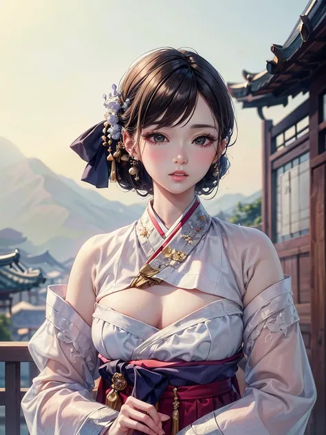 (masterpiece), (top quality), (beautiful and aesthetic), (1 woman), (1930s Korean woman), resembles Korean idol, highly detailed, shoulder exposed, chest exposed, traditional hanbok, upper body, portrait.