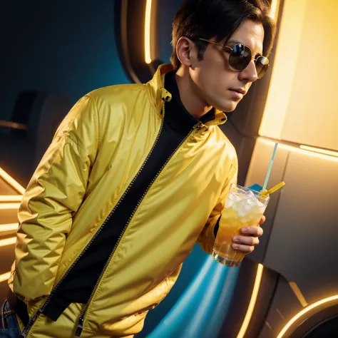 A cartoon character of a young man in a yellow jacket and sunglasses holding a drink, digital art inspired by Mike Winkelmann, trend on Artstation, digital art, official artwork, high detail iconic character, cartoon art style, in 8K gaming style, profile ...