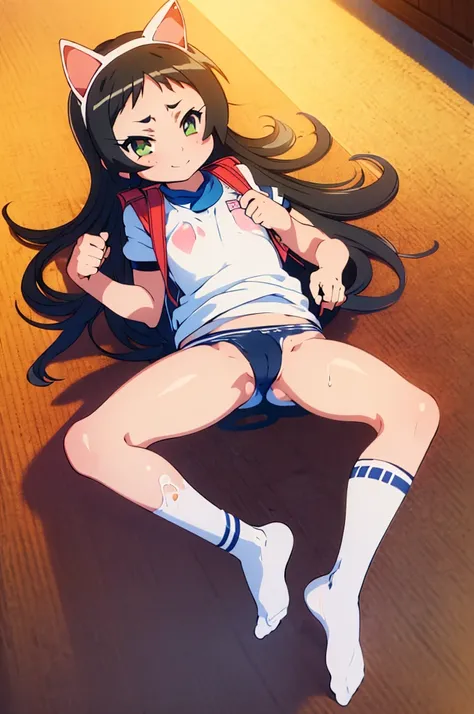 masterpiece, ultra quality, ultra sharp, ultra detailed, 1girl, solo, (((good anatomy))), haduki kurumi, (tattered torn dripping wet white gym shirt), navy gym pants, animal ears, randoseru, name tag, Japanese anime pose, laugh, BurumaShorts, Buruma, Gym U...