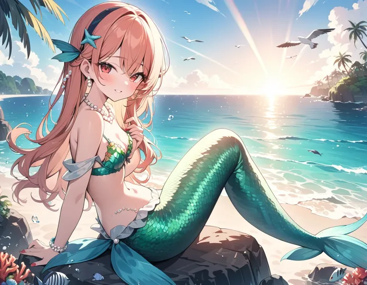 (best quality,4k,8k,highres,masterpiece:1.2),ultra-detailed,teenage girl gets magically transformed into a cute mermaid, fantasy transformation,red-eyed,beautiful detailed eyes,spiky long ginger hair,happiness,cute mermaid, long and detailed mermaid tail w...