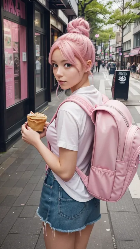 a girl with pink hair in a bun hairstyle, wearing a backpack and eating a crepe, standing on a harajuku street with a harajuku street style background, (best quality, ultra high res, photorealistic:1.3), (masterpiece)