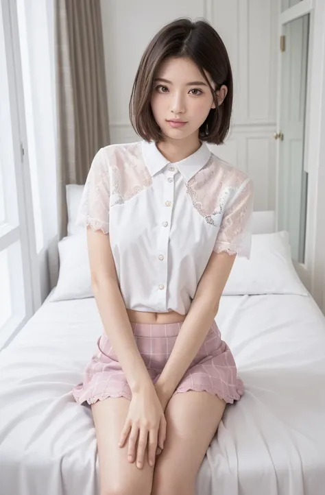 (Highest quality:1.9)、(High resolution)、Live-action image quality、((19 year old female university student、1 person))、Soft lighting by a professional photographer、Natural light、((Very spacious white luxurious room:1.6))、((Bright white room:1.6))、(Sitting on...