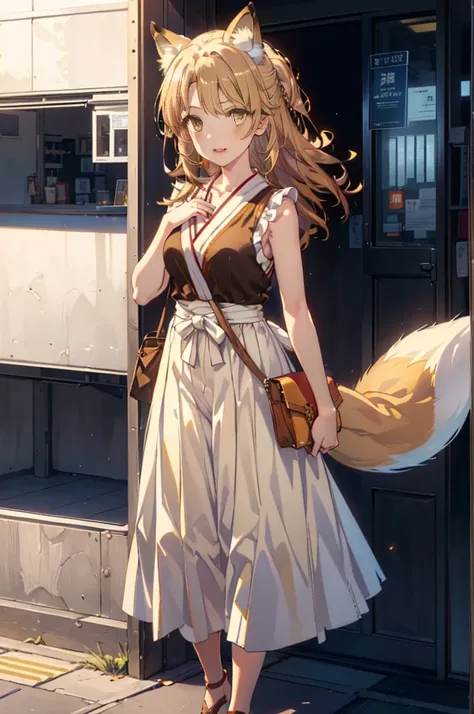 Irohaisshiki, isshiki iroha,Long Hair, Brown Hair, (Brown eyes:1.5), happy smile, smile, Open your mouth,animal(Fox Ears,Fox tail),Yellow sleeveless dress,Yellow long skirt,Cute Sandals,Carry bag,background（ferry）,My hair is blowing in the wind,Holding her...