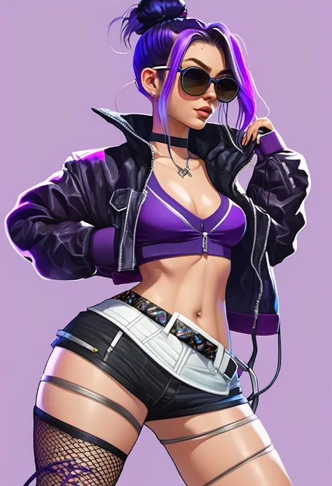 young girl, who wears a short jacket and a crop top, covering her upper body, exposing the navel. She also wears black buttonless shorts with a decorative piece of black and purple fabric, which hangs from the back, and also a white belt, with a gaming con...