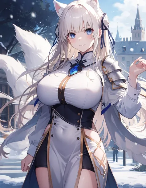 [[[ ultra-detailed, best quality, soft skin, beautiful, 4K]]] white hair, blue eyes, tied-up hair, slender body, dynamic angle, chainmail, white armor, white fox ears, calm expression, female, snowy palace gardens background, serious expression. walking an...