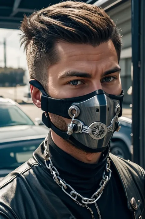 A realistic American guy wearing motor mask with iced chained on neck