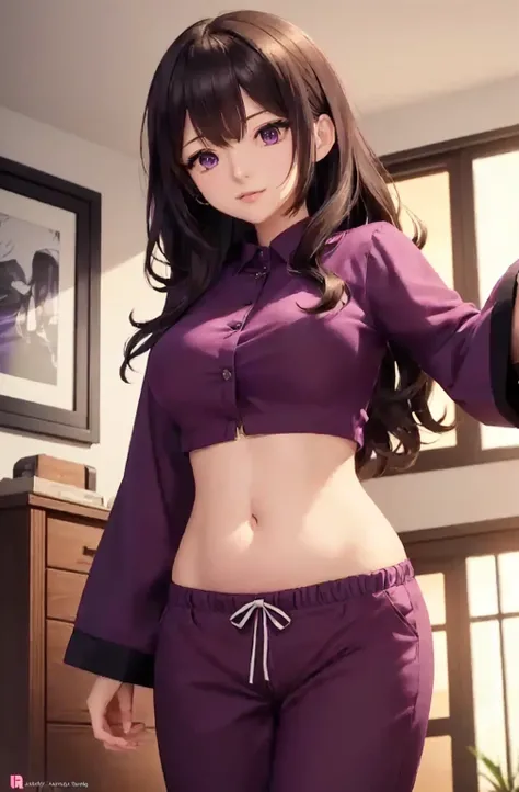 a woman in a purple shirt and pants holding a remote control, seductive anime girl, marin kitagawa fanart, anime moe artstyle, beautiful alluring anime teen, her belly button is exposed, attractive anime girl, realistic anime 3 d style, revealing clothes, ...