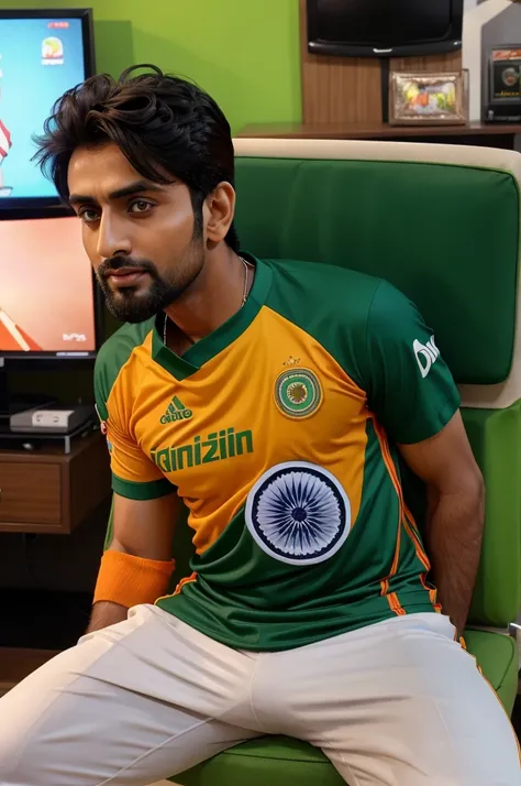 A boy sitting on furse watching green screen tv wear indian jersey 18 name ABHISHEK