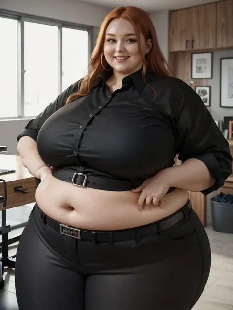 An happy and excited photo of a Beautiful ginger architect SSBBW, with long wavy light Brownish-ginger hair, with big soft fat belly, thicc fat arms, thicc wide legs, big breast, in black pants, long black shirt tucked in her pants, black belt and black bl...