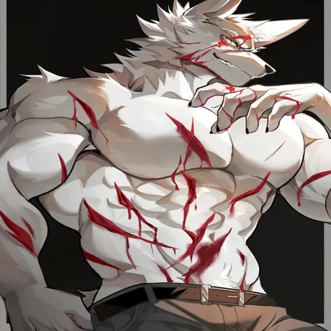 muscular werewolf, muscular! White,  From the School of Mysterious Creatures, Bad guy anime 8k, Angry Moral Sexy Werewolf, Nine Tails, Provided by Shingei, Full body close-up, muscular!!, Clean and detailed anime art, Werewolf, Strong physique, Gemyedere