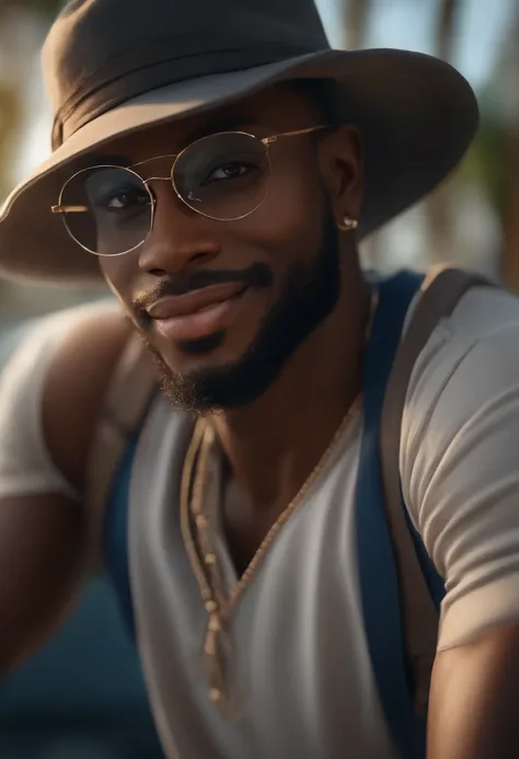 a young black man, slim, wearing cap and glasses, with beard, beautiful smile, blue shirt, anime style sleeves, frontal view, (best quality,4k,8k,highres,masterpiece:1.2),ultra-detailed,(realistic,photorealistic,photo-realistic:1.37),intricate details,high...