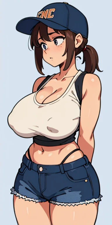 The beautiful, (tmasterpiece:1.2), (Best quality at best:1.2), perfect  eyes, s the perfect face, perfect litthing, 1个Giant enormous massive gigantic Breast Girl, Sam, standing back, metathorax, baseball cap, black in color, , Brown hair, Crop top, cutoff ...