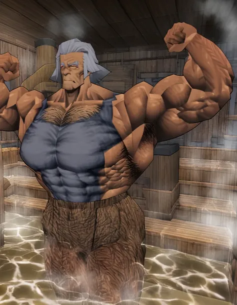 The old man stood in the sauna and showed off his muscles with huge abdominal muscles，Oversized breasts，Oversized arms，Oversized back，Oversized legs。There is chest hair。Huge muscular body。