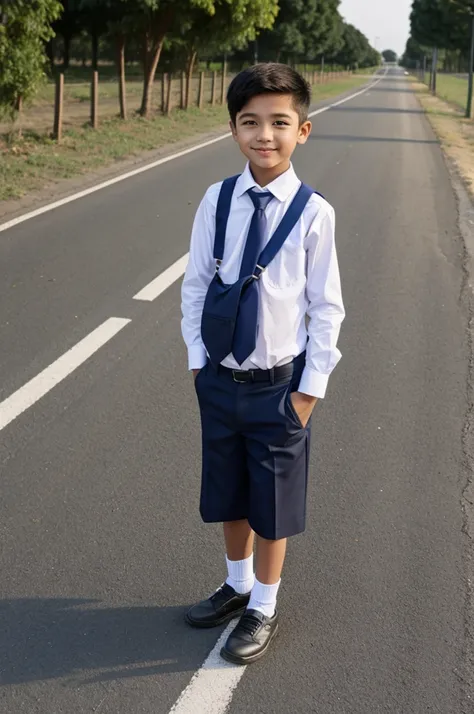 picture of a boy on school dress, standing beside road