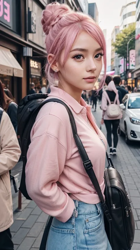 a girl with pink hair in a bun hairstyle, wearing a backpack and eating a crepe, standing on a harajuku street with harajuku street style background, (best quality,8k,highres,masterpiece:1.2),ultra-detailed,(realistic,photorealistic:1.37),portraits,vibrant...