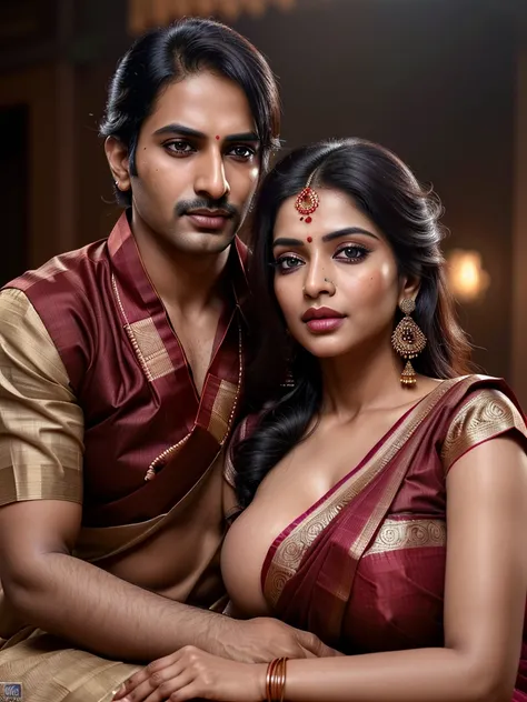 a woman in a traditional indian saree and blouse breastfeeding her husband, sensual expression, erotic pose, detailed facial features, beautiful detailed eyes, beautiful detailed lips, extremely detailed face, longeyelashes, realistic, photorealistic, ultr...