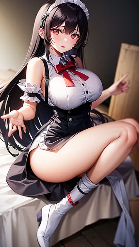 Black Hair Maid、Big Breasts、Panty shot、White Pants、sitting