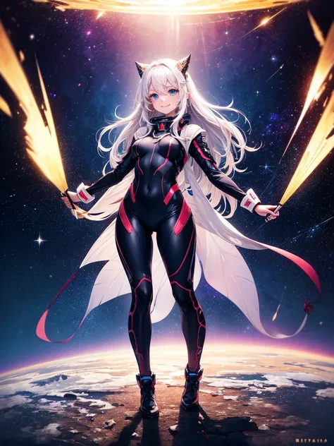 vibrant colors, female, masterpiece, sharp focus, best quality, depth of field, cinematic lighting, white hair, long hair, blue eyes, in space, smiling, stars, starry background, full body, body suit,