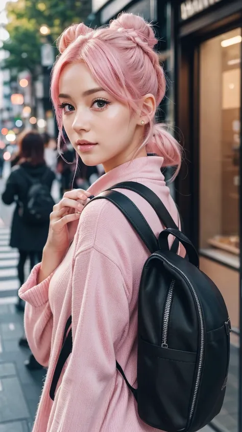 a girl with pink hair in a bun hairstyle, wearing a backpack and eating a crepe, standing on a harajuku street with harajuku street style background, (best quality,8k,highres,masterpiece:1.2),ultra-detailed,(realistic,photorealistic:1.37),portraits,vibrant...