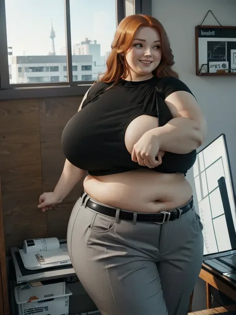 An happy and excited photo of a Beautiful ginger architect SSBBW, with long wavy light Brownish-ginger hair, with big soft fat belly, thicc fat arms, thicc wide legs, big breast, in long gray pants, long black shirt tucked in her pants, black belt, in her ...