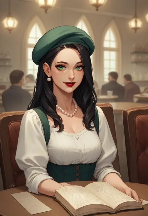 "A graceful and intelligent woman with long black hair and emerald green eyes. She always has a gentle smile and enjoys reading books in a café. Dressed in a vintage-style dress, she wears a pearl necklace and red lipstick. She grew up in Paris and is well...