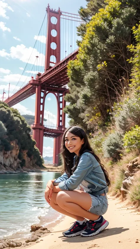 the sea, the huge steel suspension bridge in the background, the gate bridge,
girl, smile, angle, pose, casual, 
squat, 
lens fl...