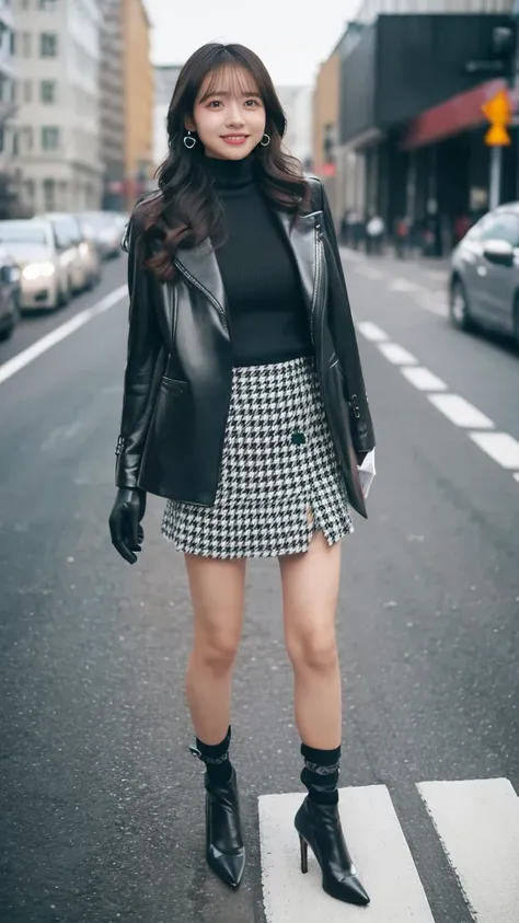 Outdoor,A girl in an elegant long coat,Knit top and houndstooth mini skirt,Pumps and black ankle socks,Full body standing street photography,Confident face,Shiny long hair,Idol Instagram photos.Skin Color Pantyhose,Wearing black leather gloves