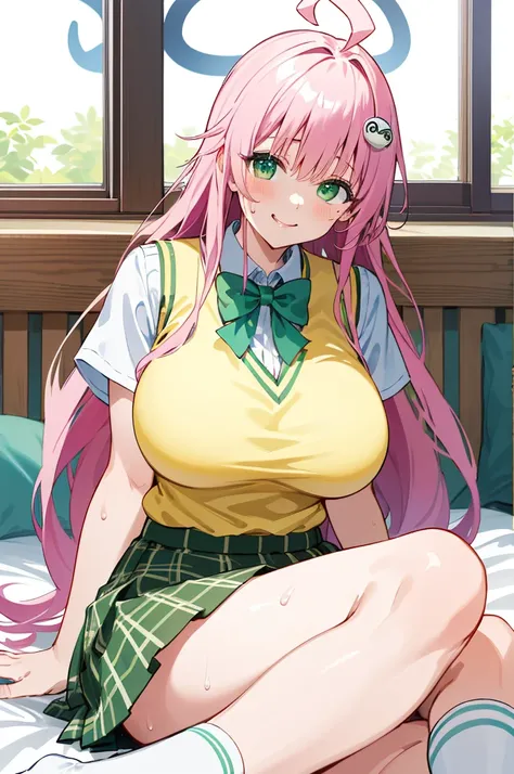 masterpiece, best quality, highres, aalala, long hair, ahoge, hair ornament, green eyes, breasts, , green bowtie, collared shirt, white shirt, sweater vest, yellow vest, short sleeves, plaid skirt, green skirt, (((huge breasts))), on bed,,looking viewer,so...