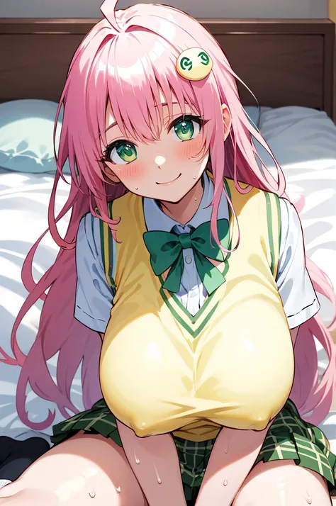 masterpiece, best quality, highres, aalala, long hair, ahoge, hair ornament, green eyes, breasts, , green bowtie, collared shirt, white shirt, sweater vest, yellow vest, short sleeves, plaid skirt, green skirt, (((huge breasts))), on bed,,looking viewer,so...