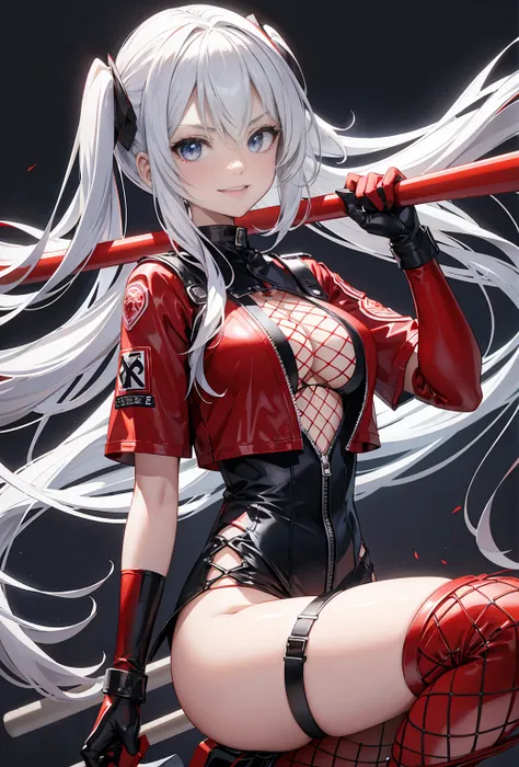 anime girl, Long silver high twintail hair, hair separated between the eyes, blue eyes, white eyebrows, Wear a clear white T-Shirt.:1.3, (red leather jacket), Wear black leather gloves., Wear red and black bikini short jeans., Wear full black fishnet stock...