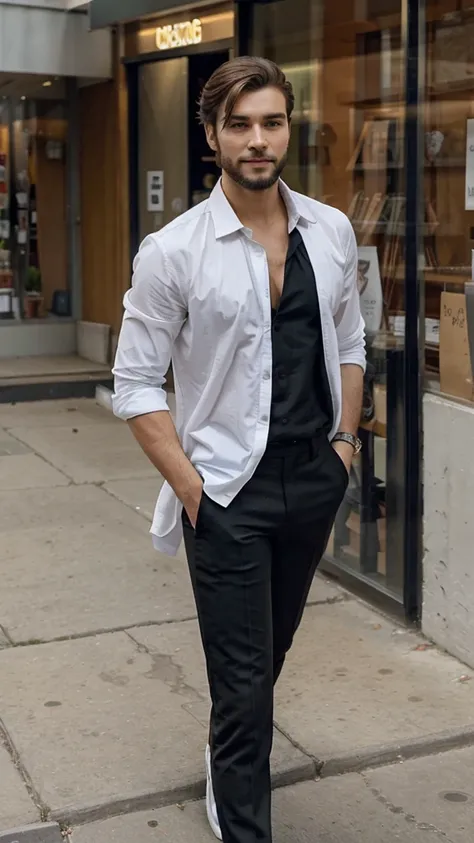 Generate an image of a walking young man, wearing a white shirt and black pants. He has less beard, giving him a stylish and put-together look. His expression is relaxed and calm, with a hint of a smile playing on his lips. The background is of a city , al...