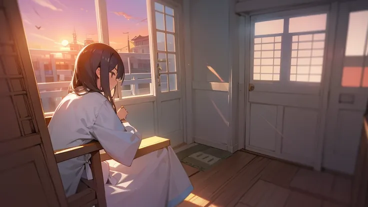 夕暮れ時に校舎の教室にいるGhost girl(1.1)and、Her lover male middle school student(1.2)、Sunset light coming in through the window、Sunset light reflecting off indoor walls and floor、Ghost girlは青白く輝いています(1.1),、Ghost girl=girl(1.1), Japanese girl(1.1), She&#39;s floating i...