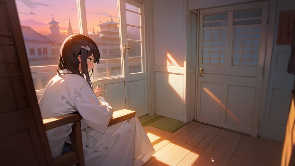 夕暮れ時に校舎の教室にいるGhost girl(1.1)and、Her lover male middle school student(1.2)、Sunset light coming in through the window、Sunset light reflecting off indoor walls and floor、Ghost girlは青白く輝いています(1.1),、Ghost girl=girl(1.1), Japanese girl(1.1), She&#39;s floating i...