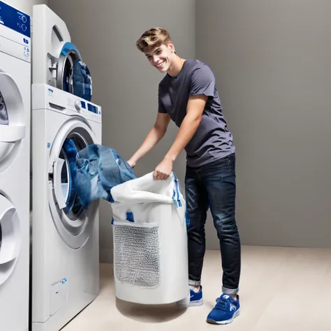 An 18-year-old，Swedish man，Golden brown hair，（背景是wash衣店内），（Grey top：1.37），（Blue Jeans：1.37），（Black sneakers：1.37），（Smile），Bright environment，Soft lighting，araffe man loading a bag of clothes from a washing machine, 在wash衣垫上, Carrying a big bag, Dirty cloth...