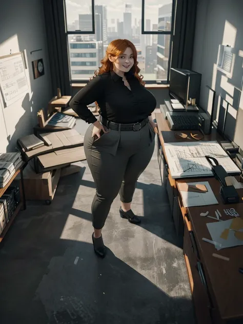 An happy and excited photo of a Beautiful ginger architect SSBBW, with long wavy light Brownish-ginger hair, with big soft fat belly, thicc fat arms, thicc wide legs, big breast, in long gray pants, long black shirt tucked in her pants, black belt, blach e...