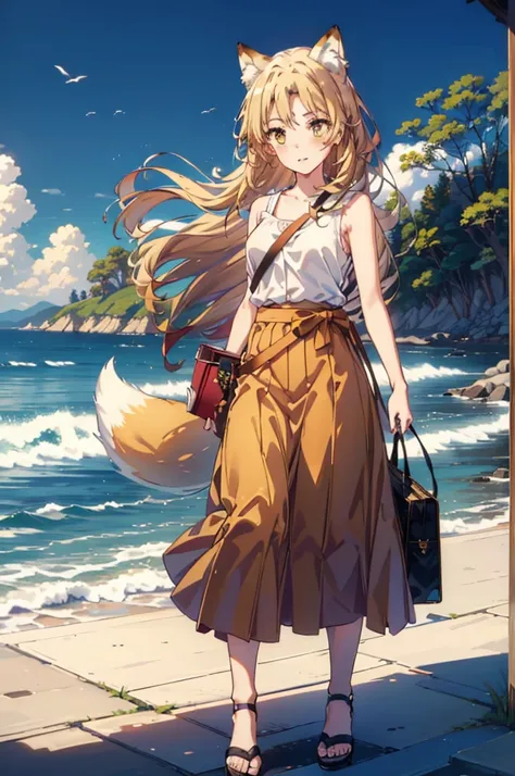 Irohaisshiki, isshiki iroha,Long Hair, Brown Hair, (Brown eyes:1.5), happy smile, smile, Open your mouth,animal(Fox Ears,Fox tail),Yellow sleeveless dress,Yellow long skirt,Cute Sandals,Carry bag,background（Ships at anchor）,port,My hair is blowing in the w...