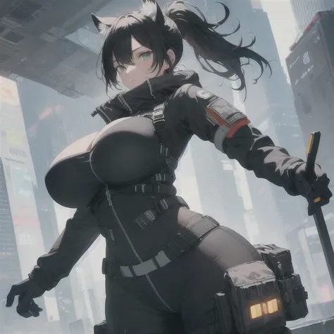 Absurd resolution, high resolution, (masterpiece: 1.4), hyper-detail, full body shot, full frontal camera perspective, solo, 1 kemono feline cat woman, humanoid, no skin other than neck and head shown, pilot suit, black hair, messy ponytail, cute face, det...