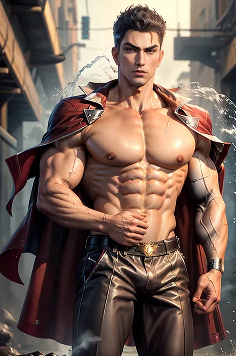 complex，masterpiece，best quality，Vivid colors，Ultra HD resolution，Shirtless，Wearing a cape，Naked upper body，For the audience，Oval face，Cold，brave，Sexy，Muscular，Crotch bulge、Expansion，Liquid gushing out of the crotch，Big nipples and milk spray，Put your hand...