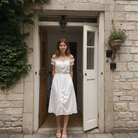 Lucie devant sa porte d entée de sa maison qui a l air timide/gené toujours en robe bordeau