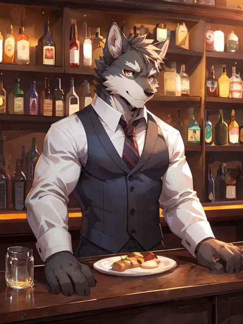 embedding:Gray wolf,Golden Eyes，Single Person,Bar,Bartender.a scar on the face.Gray fur，Soft Light，Bar counter,ease，Bartenders uniform,An ear with one corner missing,Adult male，Handsome,Smart,Best quality hands, best quality eye，detailed fur，Delicate eyes....