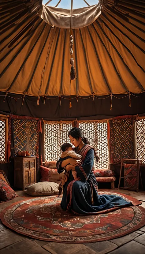 a humble yurt in the asian steppes, with a newborn temüjin in his mother's arms, background cinematic, hyper realistic, ultra de...