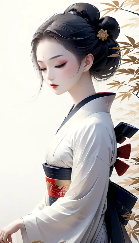 create an image titled "geishas echoes" in a traditional japanese art style, using only black ink on a white background. capture...