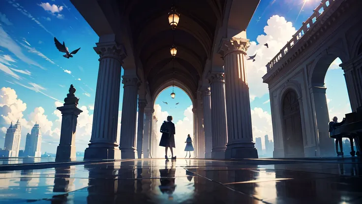 A fantastic scene surrounded by a blue sky and clouds is depicted. There is a black piano in the center of the screen, a man playing the piano, a woman standing next to him, both students, young people, youth, white birds flying in the background, a water ...