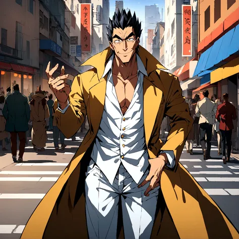 boy、Kaiji、Transform into anime style, Exaggerated and distinctive facial features and clothing, standing on a busy city street, A backlit background to make your subject stand out, 4K High Resolution，young, smile, good looking