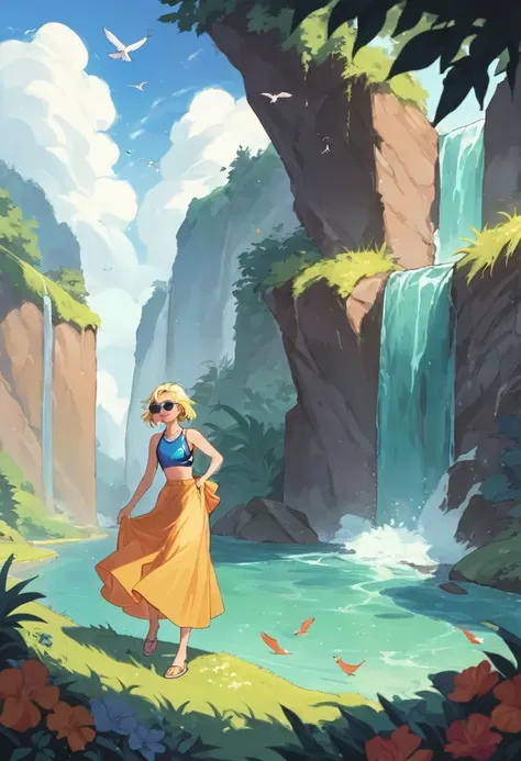 river,waterfall,sunglasses,Long skirt,No sleeve,Shoulder-length hair,rainbow,birdie,Blonde,blue sky,Swimsuit under clothes