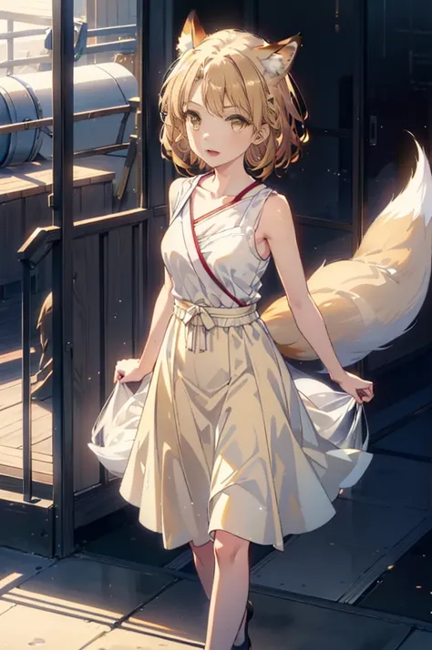 Irohaisshiki, isshiki iroha,Short Hair, Brown Hair, (Brown eyes:1.5), happy smile, smile, Open your mouth,animal(Fox Ears,Fox tail),Yellow sleeveless dress,Yellow long skirt,Cute Sandals,Carrier,background（Ships at anchor）,port,My hair is blowing in the wi...