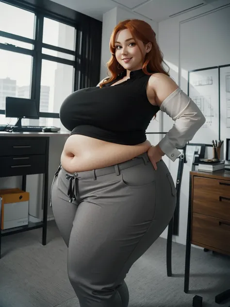 A happy and excited photo of a Beautiful ginger architect SSBBW, with long wavy light Brownish-ginger hair, with big soft fat belly, thicc fat arms, thicc wide legs, big breast, in long gray pants, long black shirt tucked in her pants, black belt, blach el...